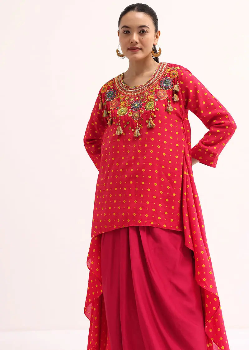 Red Embroidered Cotton Kurta Dhoti Pehenawa