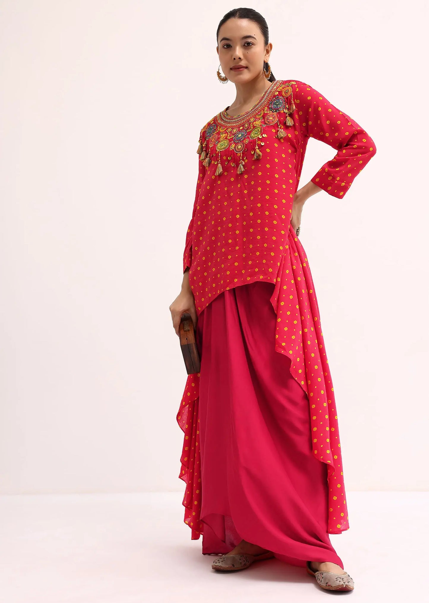 Red Embroidered Cotton Kurta Dhoti Pehenawa