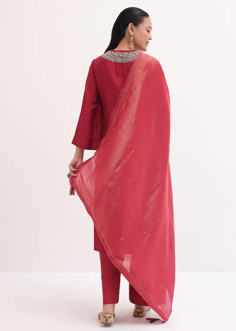 Red Embroidered Kurta Pant Set Pehenawa