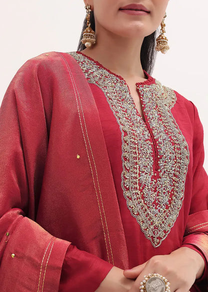 Red Embroidered Kurta Pant Set Pehenawa