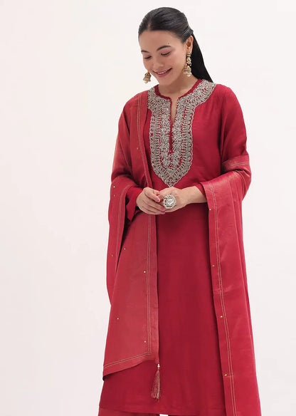 Red Embroidered Kurta Pant Set Pehenawa