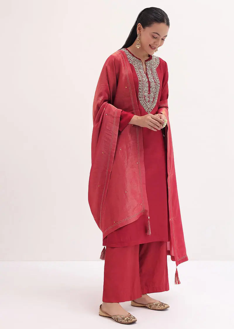 Red Embroidered Kurta Pant Set Pehenawa