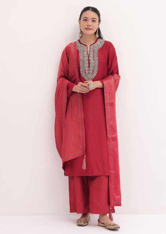 Red Embroidered Kurta Pant Set Pehenawa