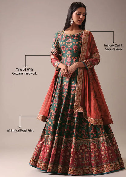 Green Floral Printed Anarkali Suit Set In Silk Pehenawa