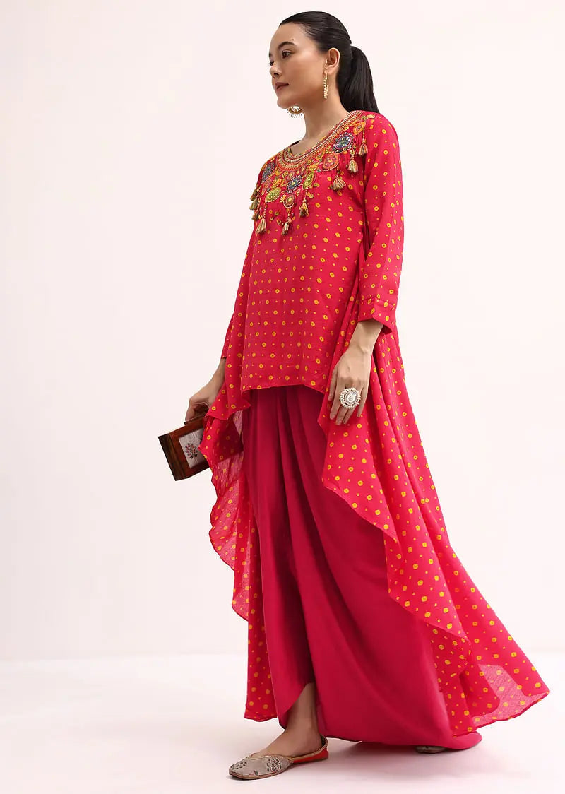 Red Embroidered Cotton Kurta Dhoti Pehenawa