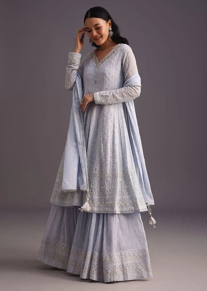 Lilac Embroidered Kurti With Banarasi Weave Skirt And Butti Work Dupatta Pehenawa