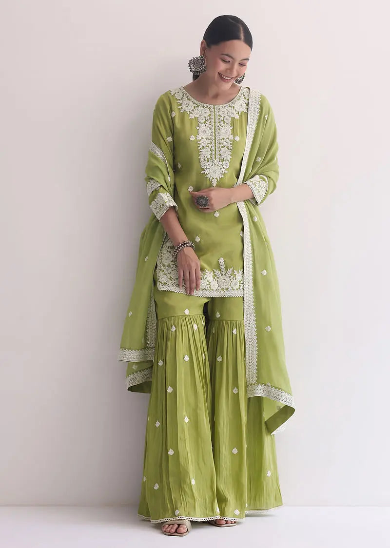 Green Organza Sharara Set In Threadwork Pehenawa