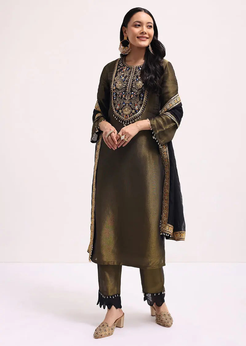 Mehendi Green Sequin Embroidered Tissue Kurta Set With Dupatta Pehenawa