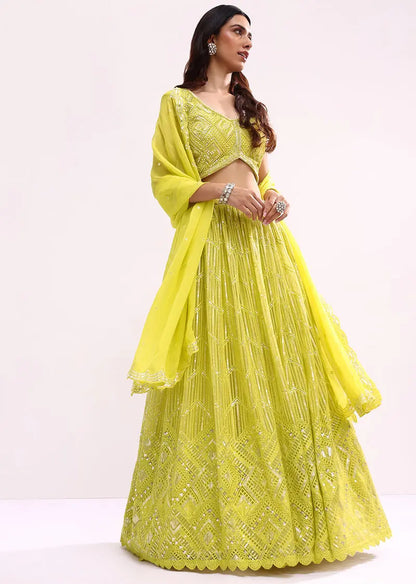 Lime Green Embroidered Net Lehenga Choli Set Pehenawa