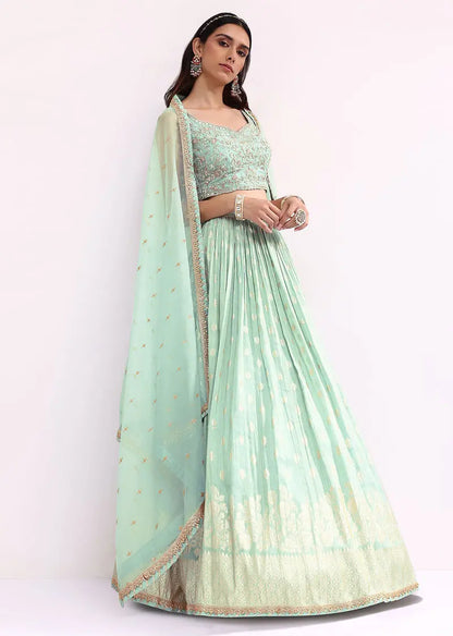 Mint Blue Embroidered Organza Lehenga Choli Set Pehenawa