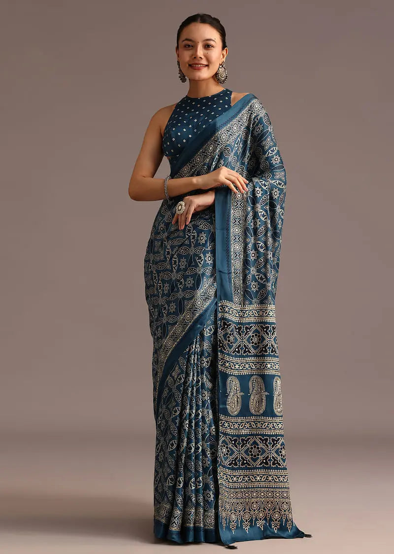 Teal Satin Ajrakh Print Saree With Mirror Embellished Border And Pallu Pehenawa