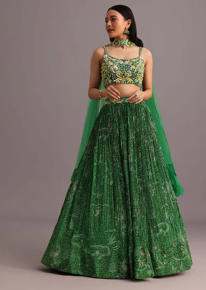 Green Hand Embroidered Choli With Bandhani Print Lehenga And Net Dupatta Pehenawa