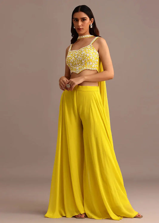 Yellow Embellished Croptop Palazzo Set With Dupatta Pehenawa