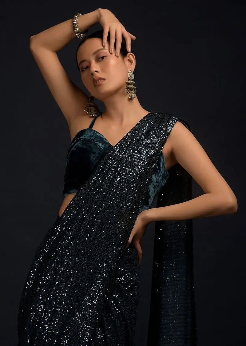 Teal Blue Ready Pleated Saree Embellished In Sequins With A Matching Velvet Blouse With Corset Neckline Pehenawa