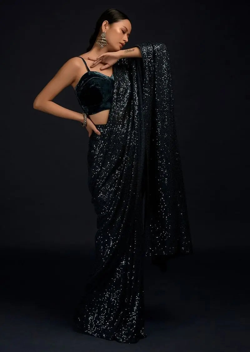 Teal Blue Ready Pleated Saree Embellished In Sequins With A Matching Velvet Blouse With Corset Neckline Pehenawa