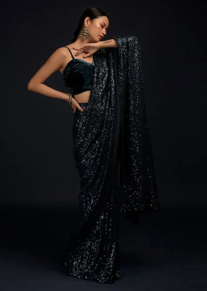 Teal Blue Ready Pleated Saree Embellished In Sequins With A Matching Velvet Blouse With Corset Neckline Pehenawa