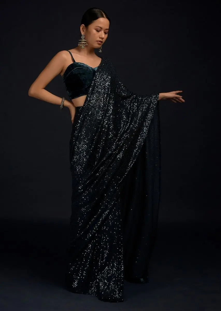 Teal Blue Ready Pleated Saree Embellished In Sequins With A Matching Velvet Blouse With Corset Neckline Pehenawa