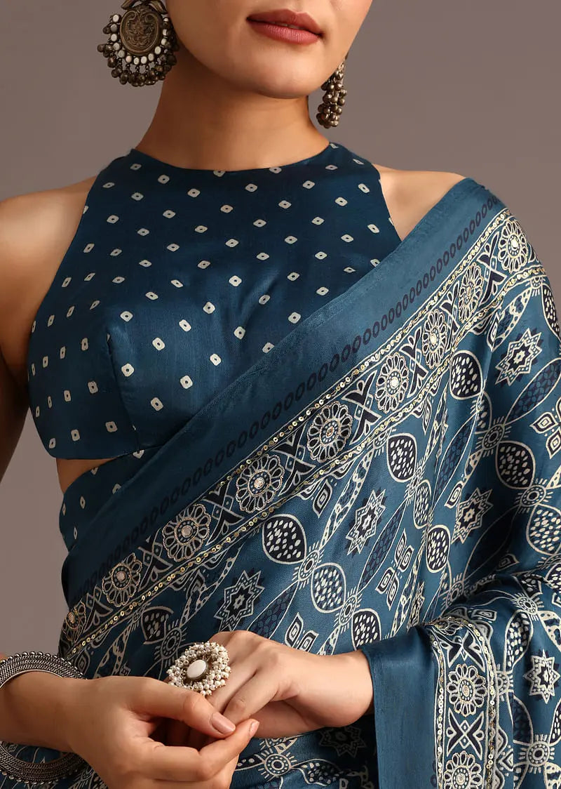 Teal Satin Ajrakh Print Saree With Mirror Embellished Border And Pallu Pehenawa