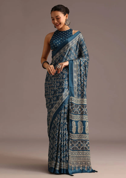 Teal Satin Ajrakh Print Saree With Mirror Embellished Border And Pallu Pehenawa