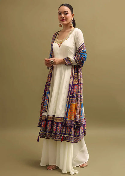 White Embroidered Crepe Kurta Suit Set Pehenawa