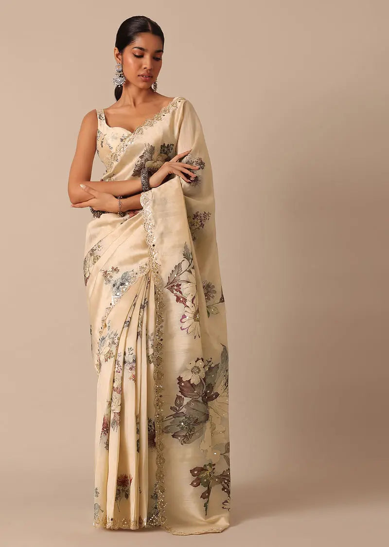 Beige Tussar Silk Saree With Mirror Scallop Border And Unstitched Blouse Piece Pehenawa