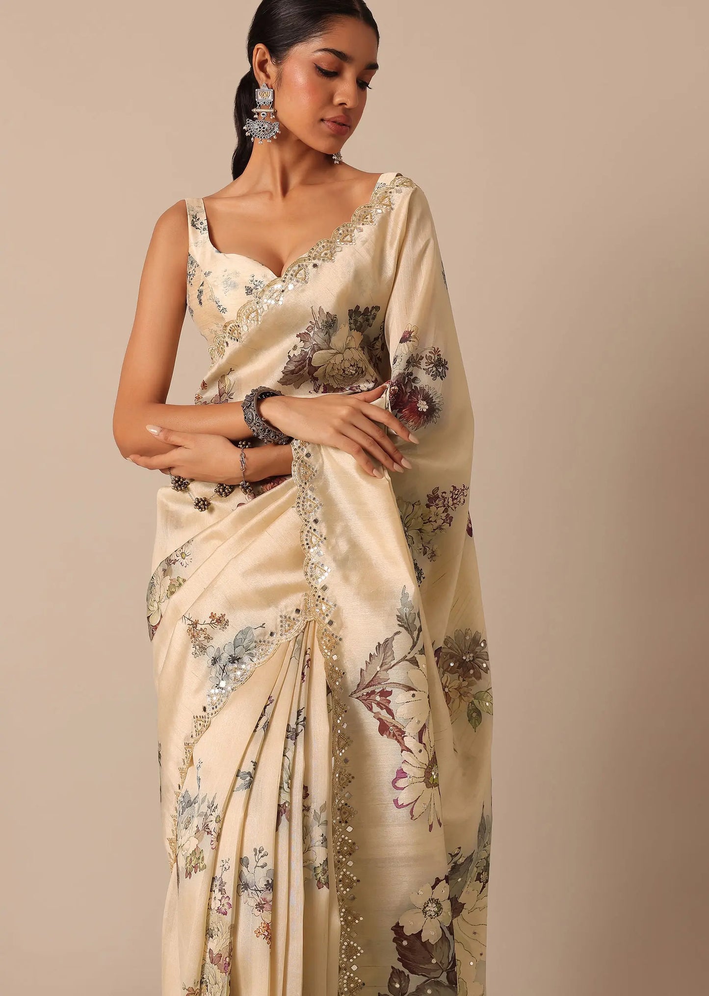 Beige Tussar Silk Saree With Mirror Scallop Border And Unstitched Blouse Piece Pehenawa