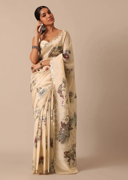 Beige Tussar Silk Saree With Mirror Scallop Border And Unstitched Blouse Piece Pehenawa