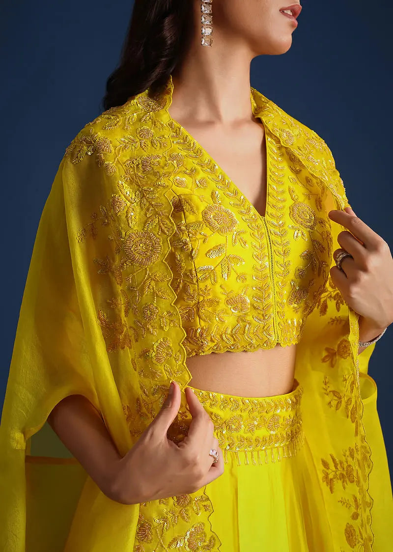 Yellow Bead Embroidered Jacket With Blouse And Skirt Pehenawa