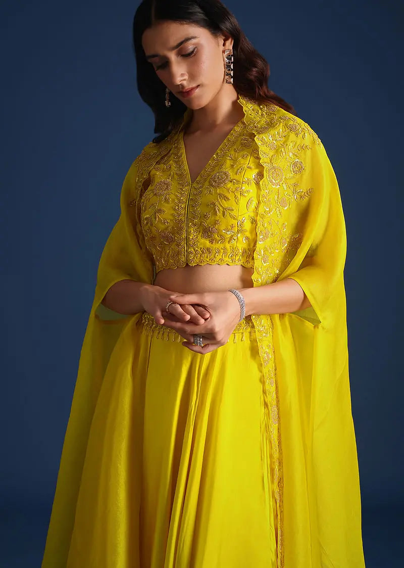 Yellow Bead Embroidered Jacket With Blouse And Skirt Pehenawa