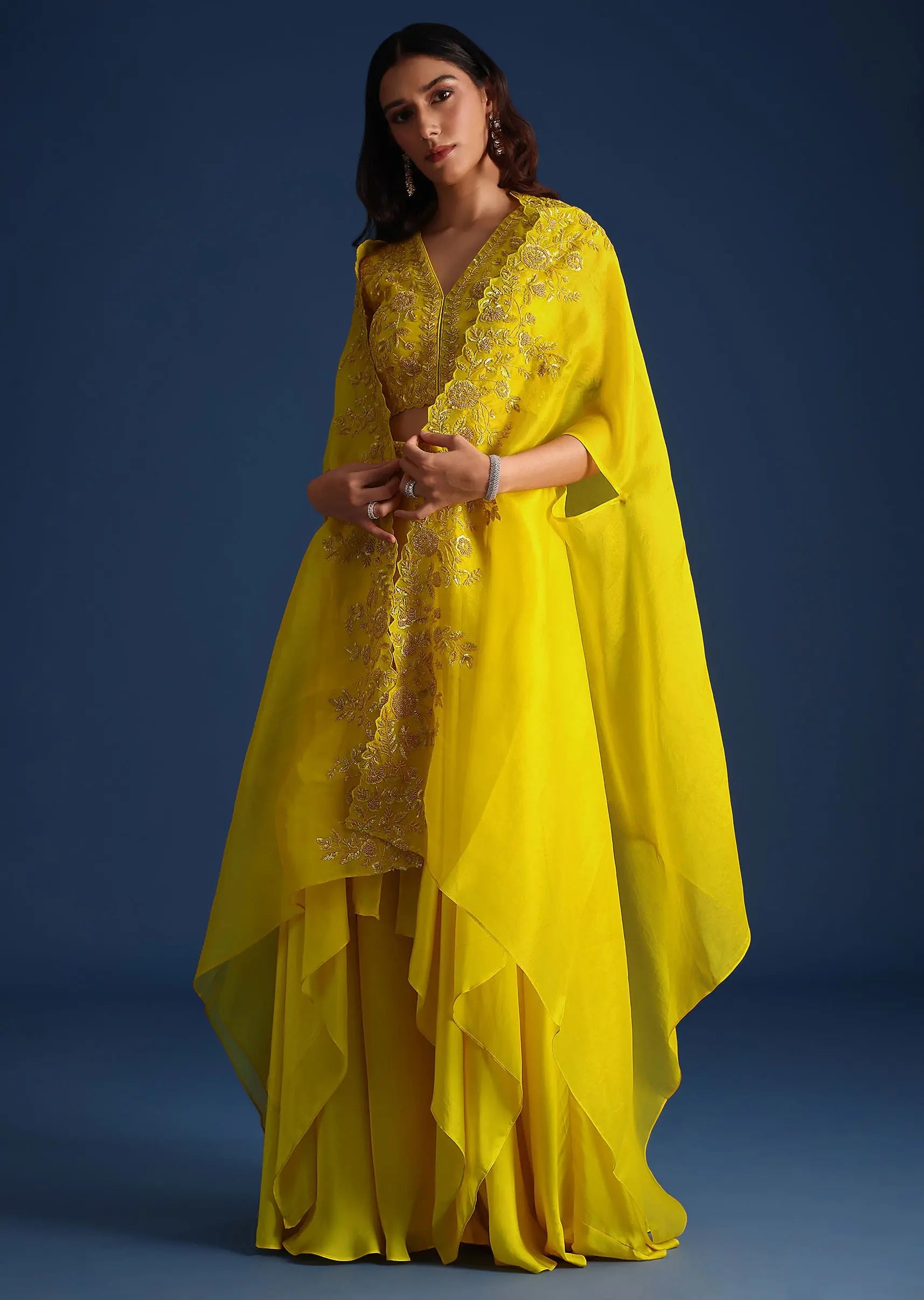 Yellow Bead Embroidered Jacket With Blouse And Skirt Pehenawa