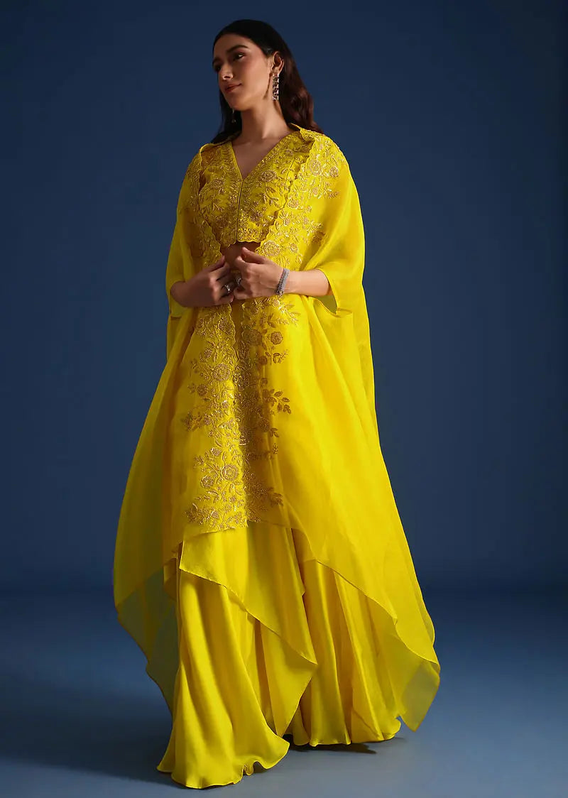 Yellow Bead Embroidered Jacket With Blouse And Skirt Pehenawa