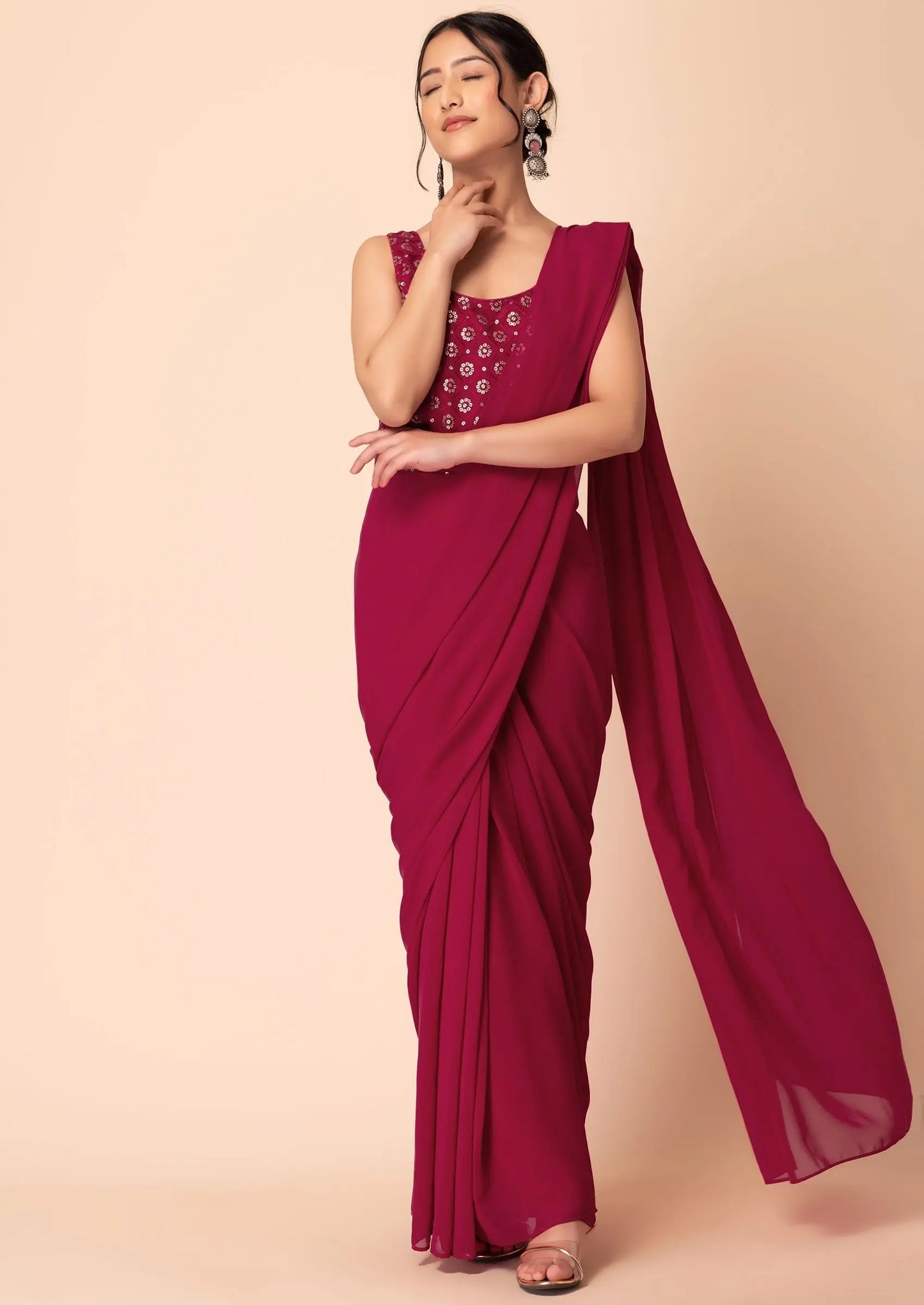 Dark Pink Pre-Stitched Saree With Attached Sequin Embroidered Blouse Pehenawa