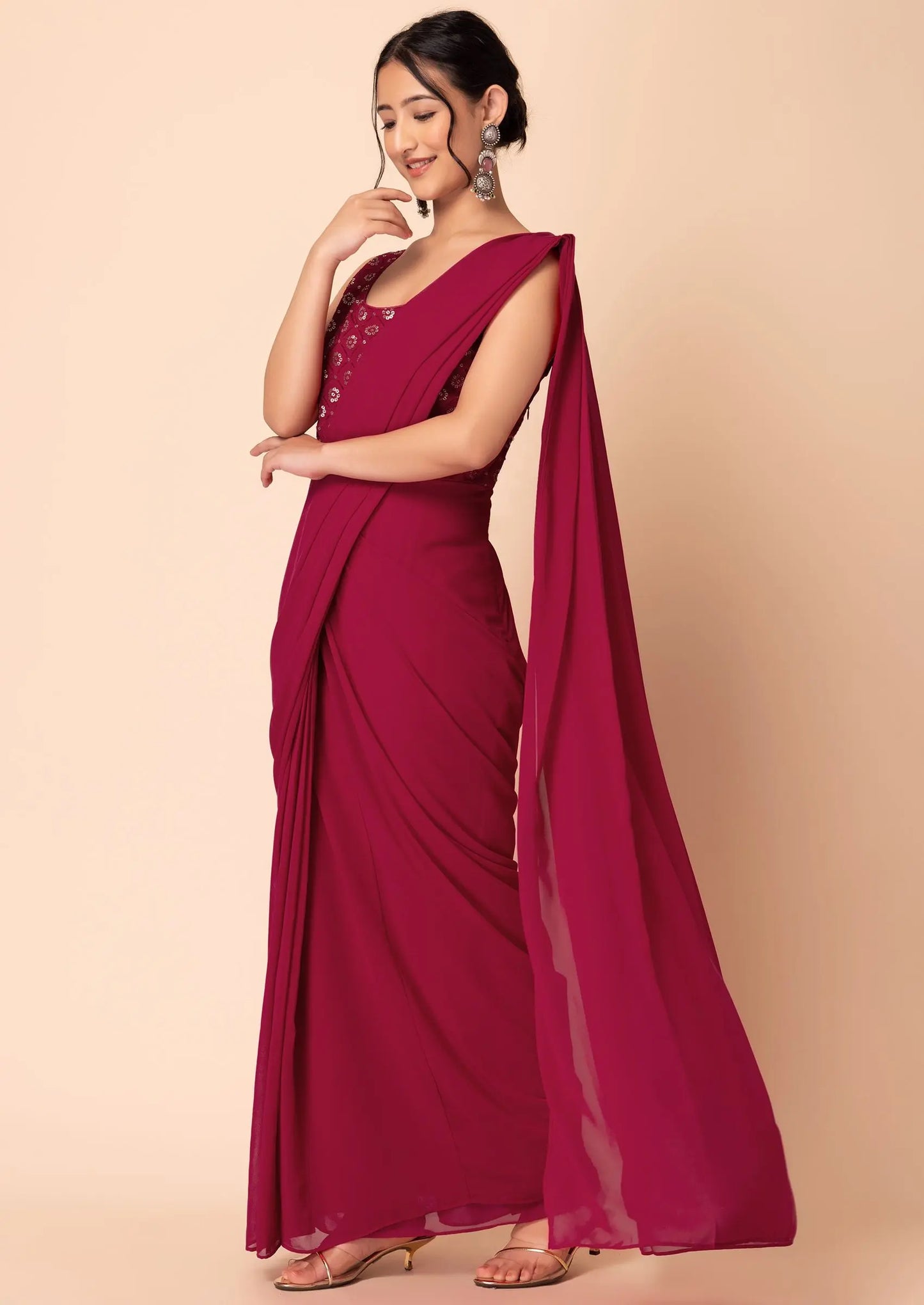 Dark Pink Pre-Stitched Saree With Attached Sequin Embroidered Blouse Pehenawa