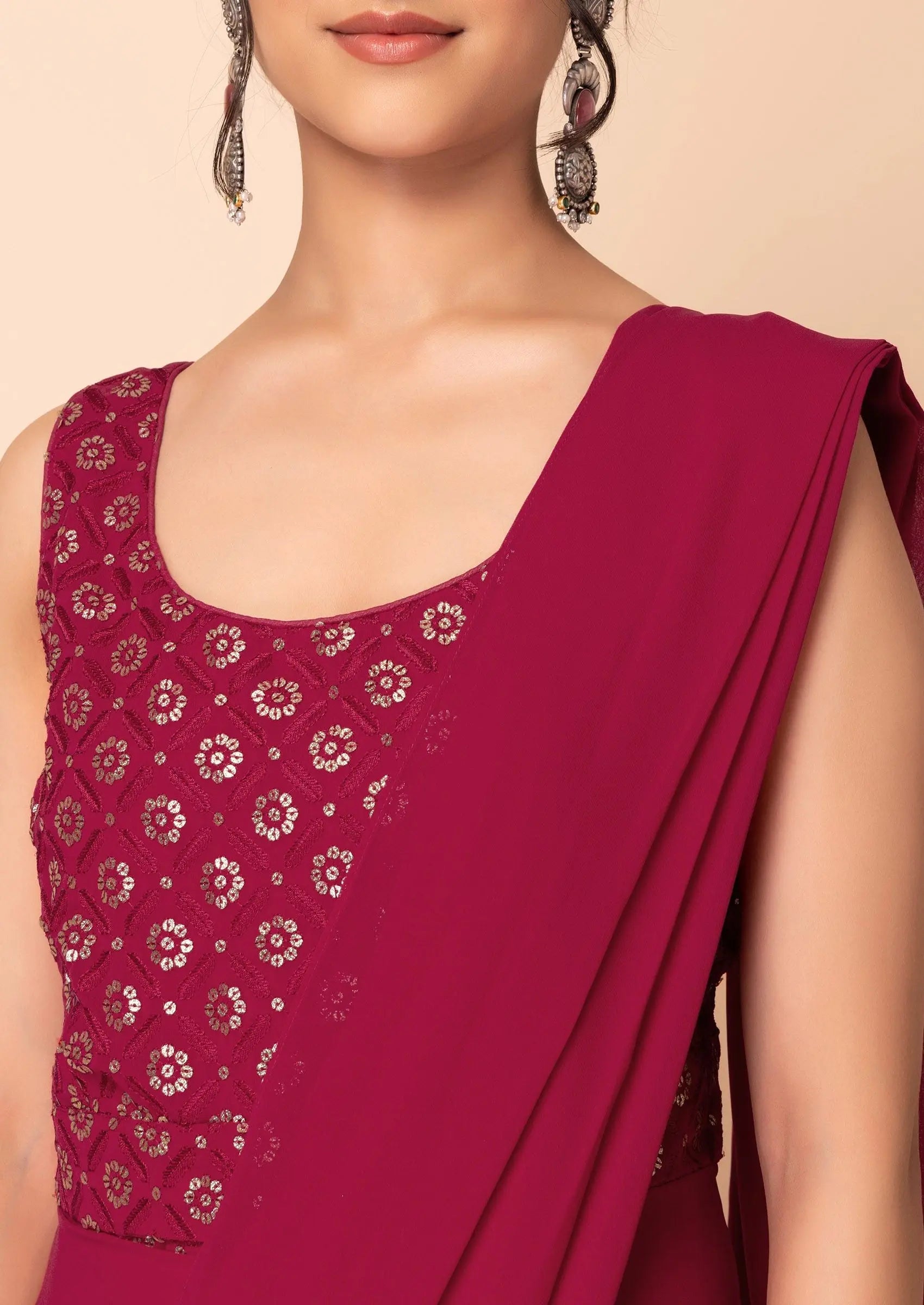 Dark Pink Pre-Stitched Saree With Attached Sequin Embroidered Blouse Pehenawa